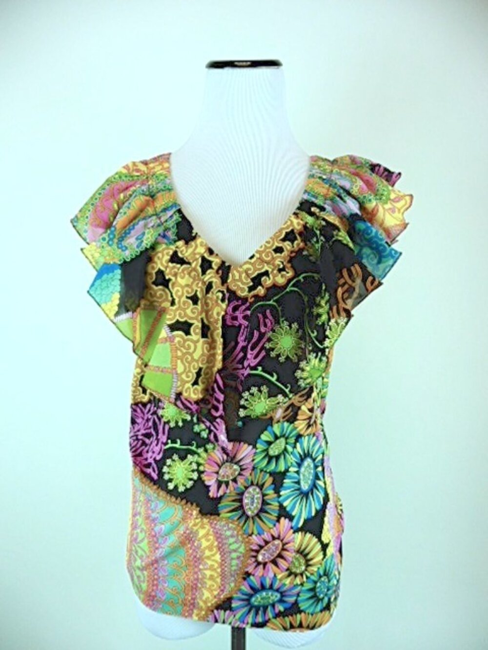 TRINA TURK SILK ruffles floral sleeveless top S